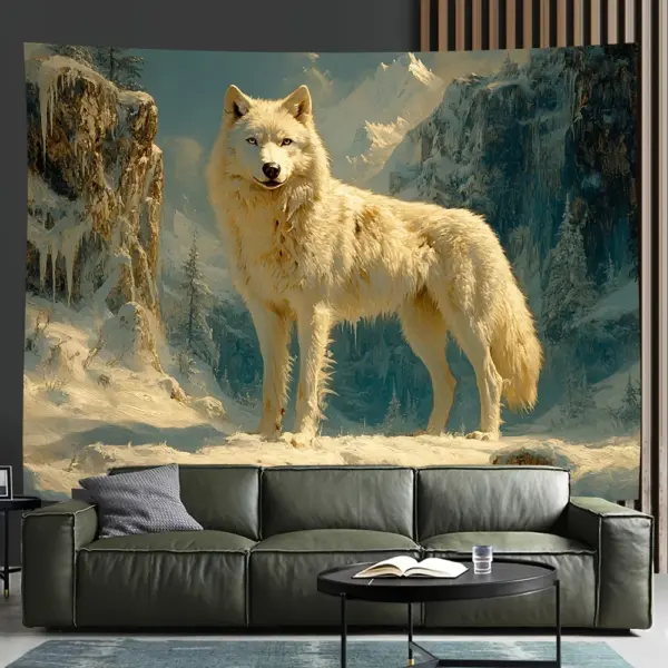 Tapisserie murale en polyester avec impression numérique sur le thème du loup solitaire de la montagne enneigée, décoration décorative pour salon, chambre à coucher, cadeau