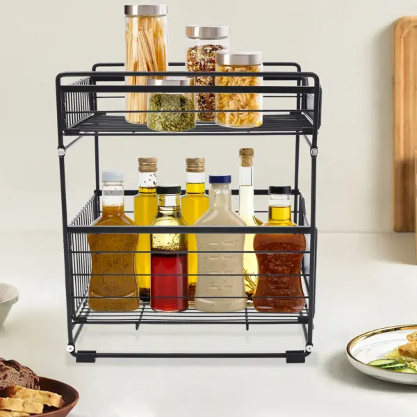 Organisateur de placard à 2 niveaux avec tiroirs coulissants – Étagère sous évier réglable