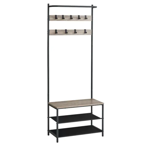VASAGLE Meuble d’Entrée, Porte-Manteaux, avec Banc et Étagère à Chaussures, 9 Crochets Amovibles, Tringle, 32,2 x 64 x 180 cm, pour Entrée, Chambre, Style Industriel