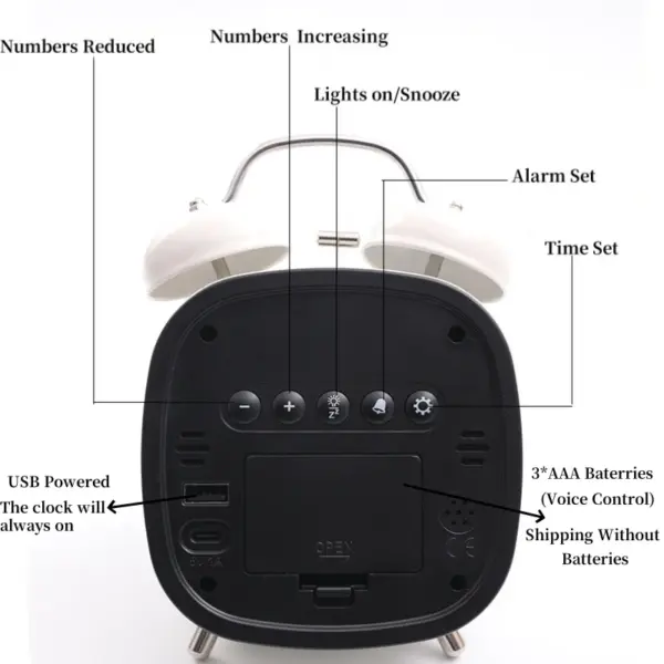 Réveil numérique à commande vocale, Double cloche, Super fort, pour dormir lourd, Mode nuit 12/24H, Table Anti-déruption nocturne, horloge LED