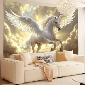 1 morceau d'ameublement de cheval ailé blanc de style orné, tissu polyester, lavable en machine, adapté au salon de chambre à coucher