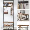VASAGLE Meuble d’Entrée, Porte-Manteaux, avec Banc et Étagère à Chaussures, 9 Crochets Amovibles, Tringle, 32,2 x 64 x 180 cm, pour Entrée, Chambre, Style Industriel