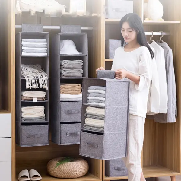 Sac de rangement suspendu en coton et lin, Style tiroir, boîte de rangement de garde-robe, support organisateur de vêtements, étagère de rangement suspendue pliable