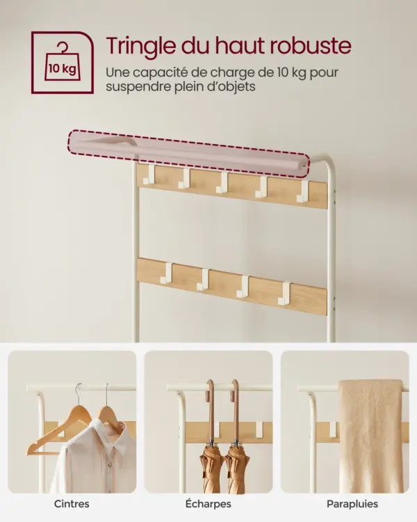 VASAGLE Porte-manteau avec Étagère à Chaussures, Meuble d’Entrée avec Banc, 4-en-1, 9 Crochets Amovibles, Vestiaire, 33,7 x 72 x 183 cm, Style Moderne