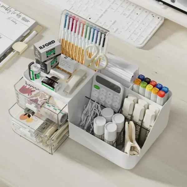 Boîte de rangement de bureau, 1 pièce, organisateur de cosmétiques avec tiroirs, porte-stylo, support de rangement de papeterie pour bureaux de bureau, tri de papeterie