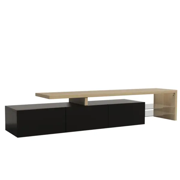 Rosahqnda Meuble TV, meuble TV LED au design asymétrique avec éclairage LED, espace de rangement 200 cm, peinture haute brillance, étagères en verre