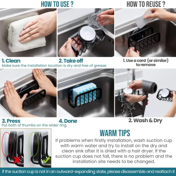 TAILI porte-éponge pour évier de cuisine organisateur avec ventouse caddie d'évier antirouille pour éponges porte-éponge de cuisine amovible