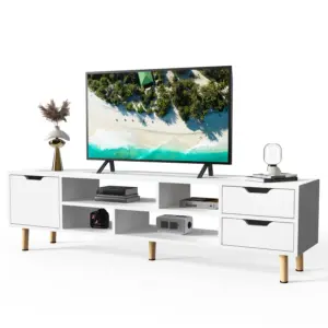 Meuble TV 140 cm, centre de divertissement avec étagère réglable, meuble TV pour téléviseurs de 60 pouces, table console multimédia avec 3 tiroirs, blanc
