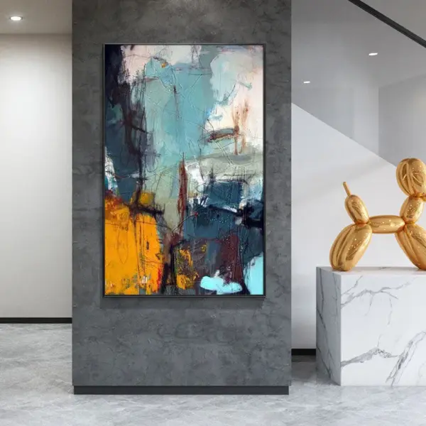 Peinture à l’huile abstraite 100 % peinte à la main sur toile – Tableau mural moderne avec lignes dorées pour salon