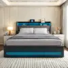 Lit rembourré Rosahqnda 160x200 cm avec tête de lit LED, lit double avec USB et sommier à lattes, espace de rangement hydraulique, linge