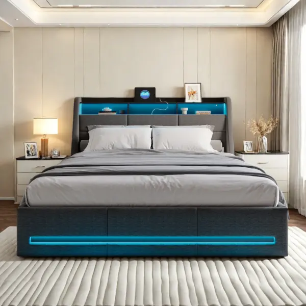 Lit rembourré Rosahqnda 160x200 cm avec tête de lit LED, lit double avec USB et sommier à lattes, espace de rangement hydraulique, linge