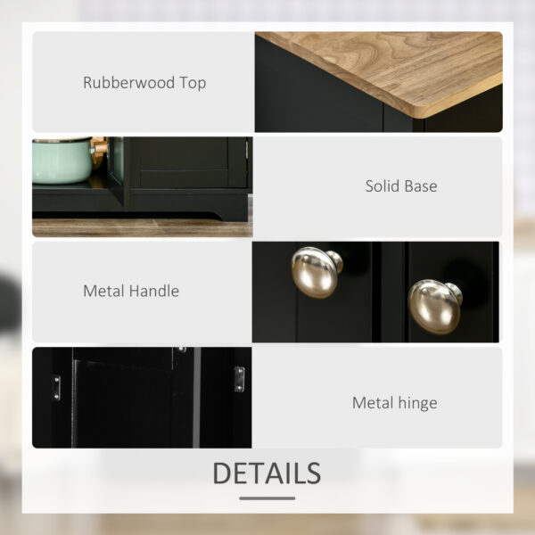 Meuble de Rangement de Cuisine Noir avec Plateau en Bois Massif, Étagère Ajustable et 3 Tiroirs