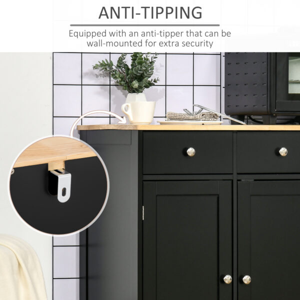 Meuble de Rangement de Cuisine Noir avec Plateau en Bois Massif, Étagère Ajustable et 3 Tiroirs