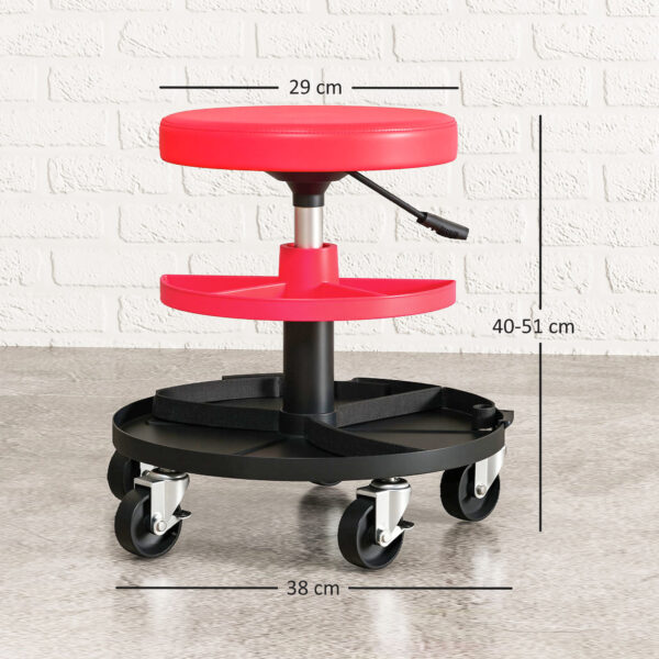 Tabouret de Mécanicien à Roulettes – Siège d’Atelier Réglable 360° avec Plateaux Outils, Charge 135 kg (Rouge)