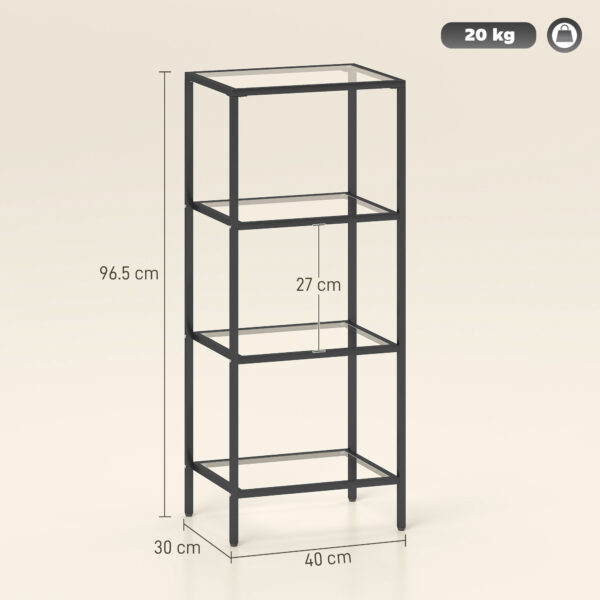 Étagère de Rangement 4 Niveaux en Verre & Métal – Colonne Design Noire pour Salon, Bureau & Salle de Bain