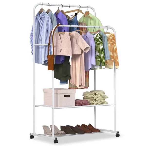 Portant à Vêtements Double Rail avec Roulettes – Organisateur de Rangement Robuste pour Vêtements, Chaussures et Accessoires